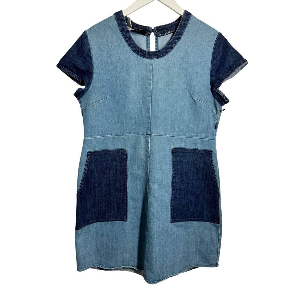 Loup Anthropologie Patchwork Denim Mini Dress Women L Blue Boho Western Festival